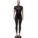 Black Sexy Mesh Sheer High Waist Trousers Short Sleeve Bodysuit Pant Set