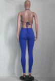 Solid Blue Knitting Hatler Backless Straps Sexy Jumpsuit with Hollow