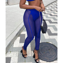 Blue Sexy See Through Mesh High Waist Pack Hip Tight Casual Trousers