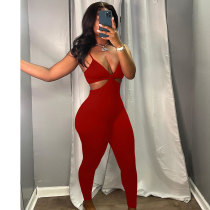 Solid Red Knitting Hatler Backless Straps Sexy Jumpsuit with Hollow