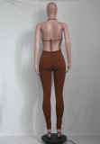 Solid Brown Knitting Hatler Backless Straps Sexy Jumpsuit with Hollow