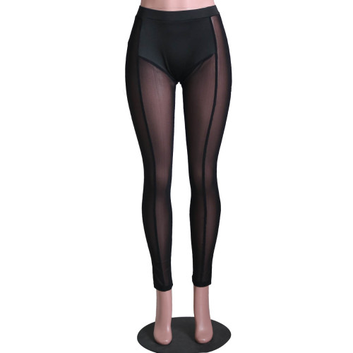 Black Sexy Perspective Knitting Mesh High Waist Tight Casual Pants