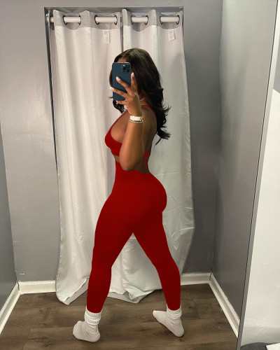 Solid Red Knitting Hatler Backless Straps Sexy Jumpsuit with Hollow