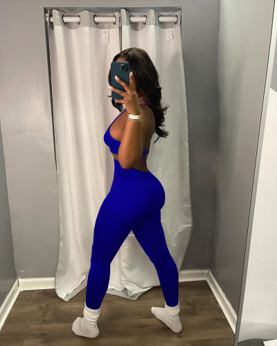 Solid Blue Knitting Hatler Backless Straps Sexy Jumpsuit with Hollow