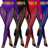 Purple Sexy See Through Mesh High Waist Pack Hip Tight Casual Trousers