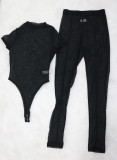 Black Sexy Mesh Sheer High Waist Trousers Short Sleeve Bodysuit Pant Set