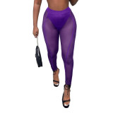 Purple Sexy See Through Mesh High Waist Pack Hip Tight Casual Trousers