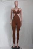 Solid Brown Knitting Hatler Backless Straps Sexy Jumpsuit with Hollow