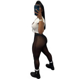Black Sexy See Through Leggings Mesh High Waist Nightclub Casual Pants with Panties