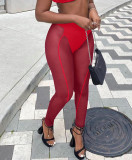 Red Sexy See Through Mesh High Waist Pack Hip Tight Casual Trousers