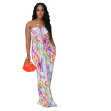 Sexy Printed Strapless Wide-leg Jumpsuit with Back Bandage