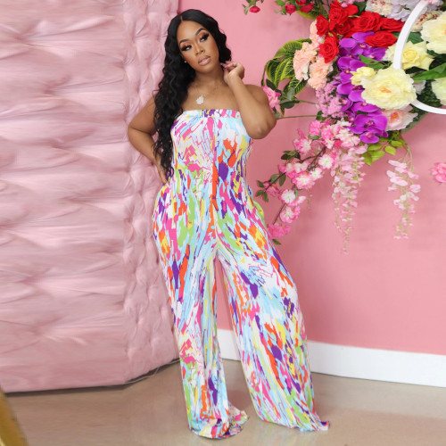 Sexy Printed Strapless Wide-leg Jumpsuit with Back Bandage