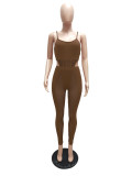 Casual Coffee Mesh Perspective Stitching Sexy Hollow Nightclub Two Piece Set
