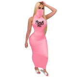 Casual Pink Printed Sleeveless Mask Dress Bodycon Nightclub Maxi Boho Dress