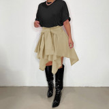 Solid Color Khaki Cotton Irregular Lace Up Pleated Midi Skirt