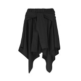 Solid Color Black Cotton Irregular Lace Up Pleated Midi Skirt