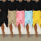 Solid Color Black Cotton Irregular Lace Up Pleated Midi Skirt