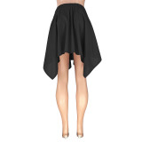 Solid Color Black Cotton Irregular Lace Up Pleated Midi Skirt