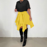Solid Color Yellow Cotton Irregular Lace Up Pleated Midi Skirt