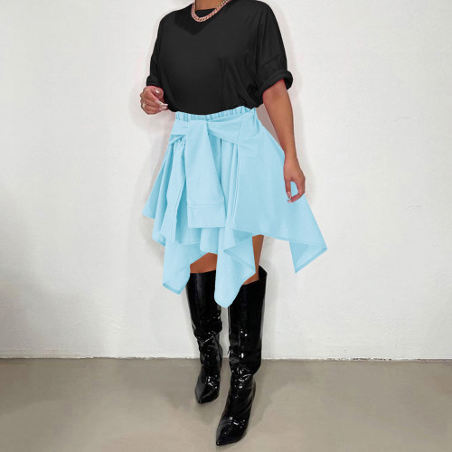 Solid Color Sky Blue Cotton Irregular Lace Up Pleated Midi Skirt