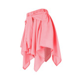 Solid Color Pink Cotton Irregular Lace Up Pleated Midi Skirt