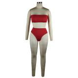 Summer Solid Red Beachwear Sexy Mesh See-Through Beach Skirt 3 Piece Set