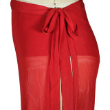 Summer Solid Red Beachwear Sexy Mesh See-Through Beach Skirt 3 Piece Set