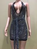 Sexy Hot Drilling Halter V Neck Club Dress with Bandage