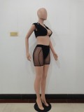 Black Sexy Sleeveless Crop Top + Mesh Shorts 2 Piece Sets