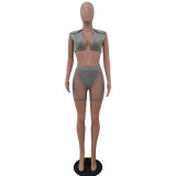 Grey Sexy Sleeveless Crop Top + Mesh Shorts 2 Piece Sets