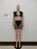 Black Sexy Sleeveless Crop Top + Mesh Shorts 2 Piece Sets
