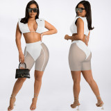 White Sexy Sleeveless Crop Top + Mesh Shorts 2 Piece Sets