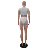 White Sexy Sleeveless Crop Top + Mesh Shorts 2 Piece Sets