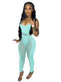 Casual Lake Green Mesh Perspective Stitching Sexy Hollow Nightclub Two Piece Set