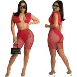 Red Sexy Sleeveless Crop Top + Mesh Shorts 2 Piece Sets