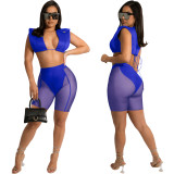 Blue Sexy Sleeveless Crop Top + Mesh Shorts 2 Piece Sets