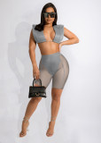 Grey Sexy Sleeveless Crop Top + Mesh Shorts 2 Piece Sets