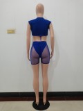 Blue Sexy Sleeveless Crop Top + Mesh Shorts 2 Piece Sets