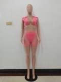 Pink Sexy Sleeveless Crop Top + Mesh Shorts 2 Piece Sets