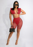 Red Sexy Sleeveless Crop Top + Mesh Shorts 2 Piece Sets