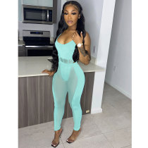 Casual Lake Green Mesh Perspective Stitching Sexy Hollow Nightclub Two Piece Set