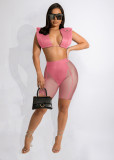 Pink Sexy Sleeveless Crop Top + Mesh Shorts 2 Piece Sets