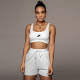 White Casual Dralon Fabric Printed Sports 2 Piece Vest and Shorts with Pockets