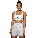 White Casual Dralon Fabric Printed Sports 2 Piece Vest and Shorts with Pockets