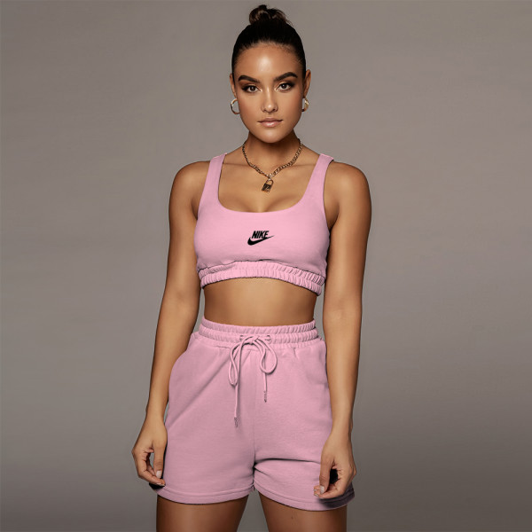 Pink Casual Dralon Fabric Printed Sports 2 Piece Vest and Shorts with Pockets