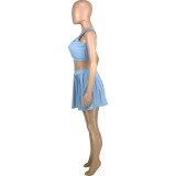 Solid Color Light Blue Hollow Vest Pleated Skirt Two Piece Set