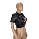 Solid Short Sleeve Lapel PU Leather Crop Jacket