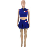 Casual Royal Blue Offset Print Zip Tank Top Pleated Culottes Sports Two-Piece Set