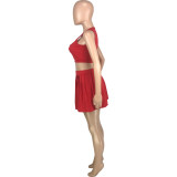 Solid Color Red Hollow Vest Pleated Skirt Two Piece Set