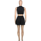 Solid Color Black Hollow Vest Pleated Skirt Two Piece Set